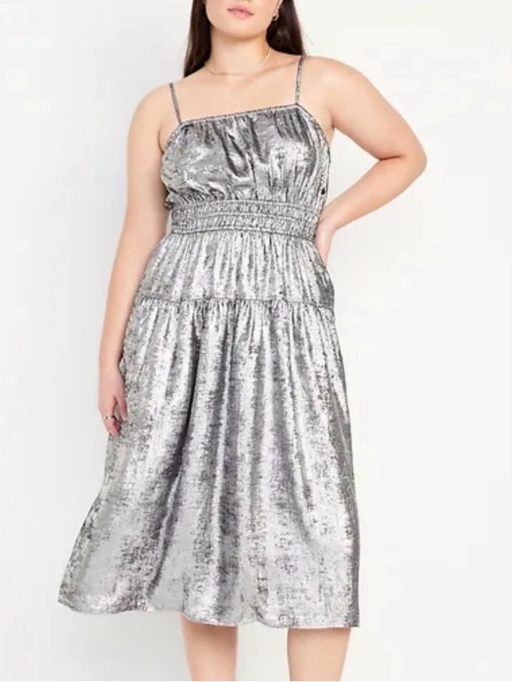 Old Navy Waist-Defined Cami Shine Midi Dress in a metallic silver color